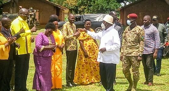 Museveni greeting leaders from Acholi Sub Region in Gulu on August 18, 2025 during the stakeholders’ meeting for cattle compensation for Acholi-Photo By Simon Wokorach